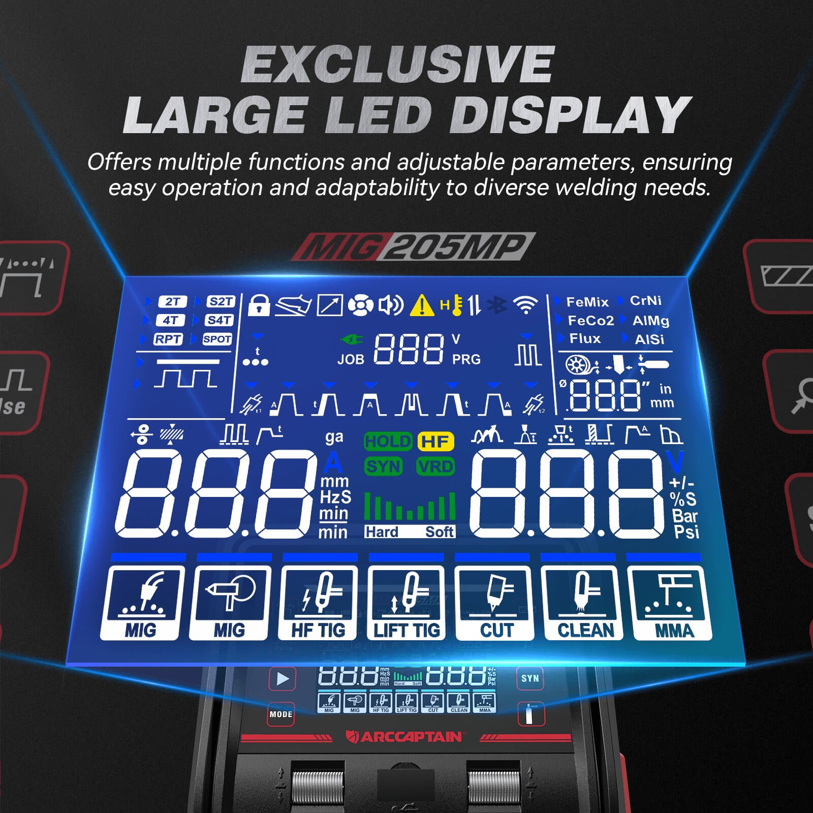 Large LED display with welding machine control panel