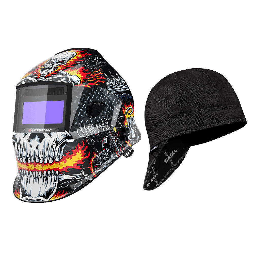 Welding helmet with colorful skull design and black cap