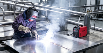 Welder TIG welding stainless steel with visible welding fumes