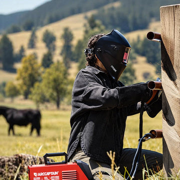 Farm welding with an ARCCAPTAIN portable welder for metal fence repair on a ranch.