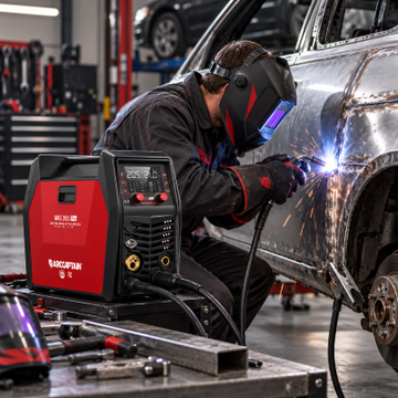 ARCCAPTAIN MIG205 Pro automotive welder for car body repair in a professional automotive workshop.