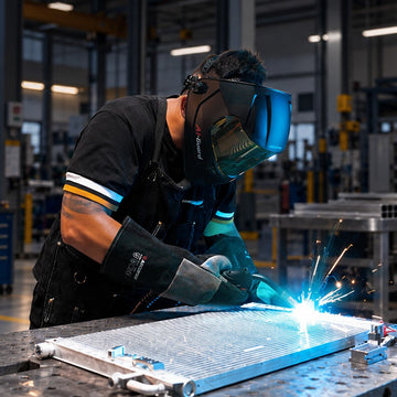 Welder wearing a welding helmet and gloves welding a metal component in a workshop