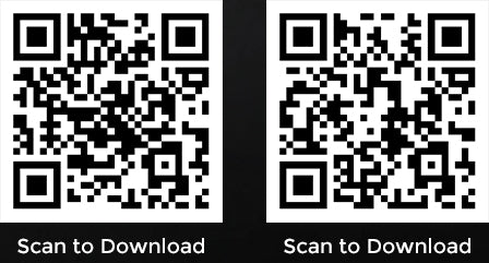 Scan to download — App Store and Google Play QR codes