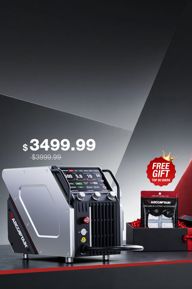 An Arcraft Air Plasma Cutter machine in silver and black, shown alongside a red 'FREE GIFT TOP 2025' badge and a boxed accessory on a dark studio background with a price overlay of $3499.99.
