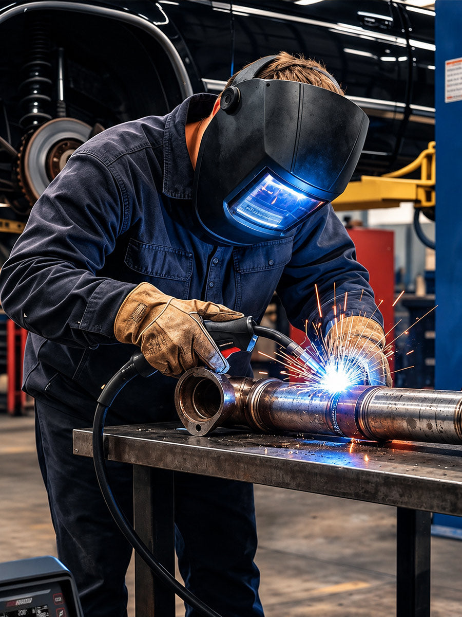 A welder in a dark protective jacket and welding helmet with a glowing blue visor is actively welding a metal pipe on a workbench in an industrial workshop. Bright orange sparks fly from the welding site.