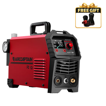 An ArcCaptain portable welding machine in red and black, shown on a white background with a 'FREE GIFT' graphic overlay in the top right corner.