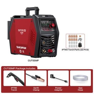 ARC Captain CUT55MP portable plasma cutter in red and black, shown with a package contents inset and accessory icons for IPT60 torch, earth clamp, power adapter, and gas hose.