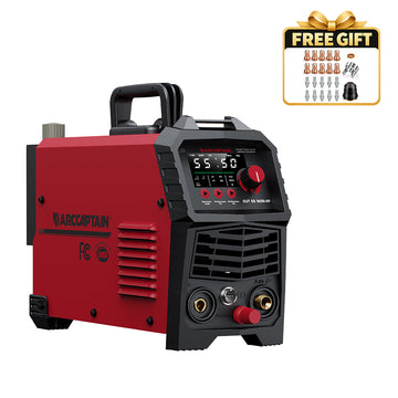 An ArcCaptain portable TIG welding machine in red and black, shown on a white background with a 'FREE GIFT' accessory badge in the top right corner.