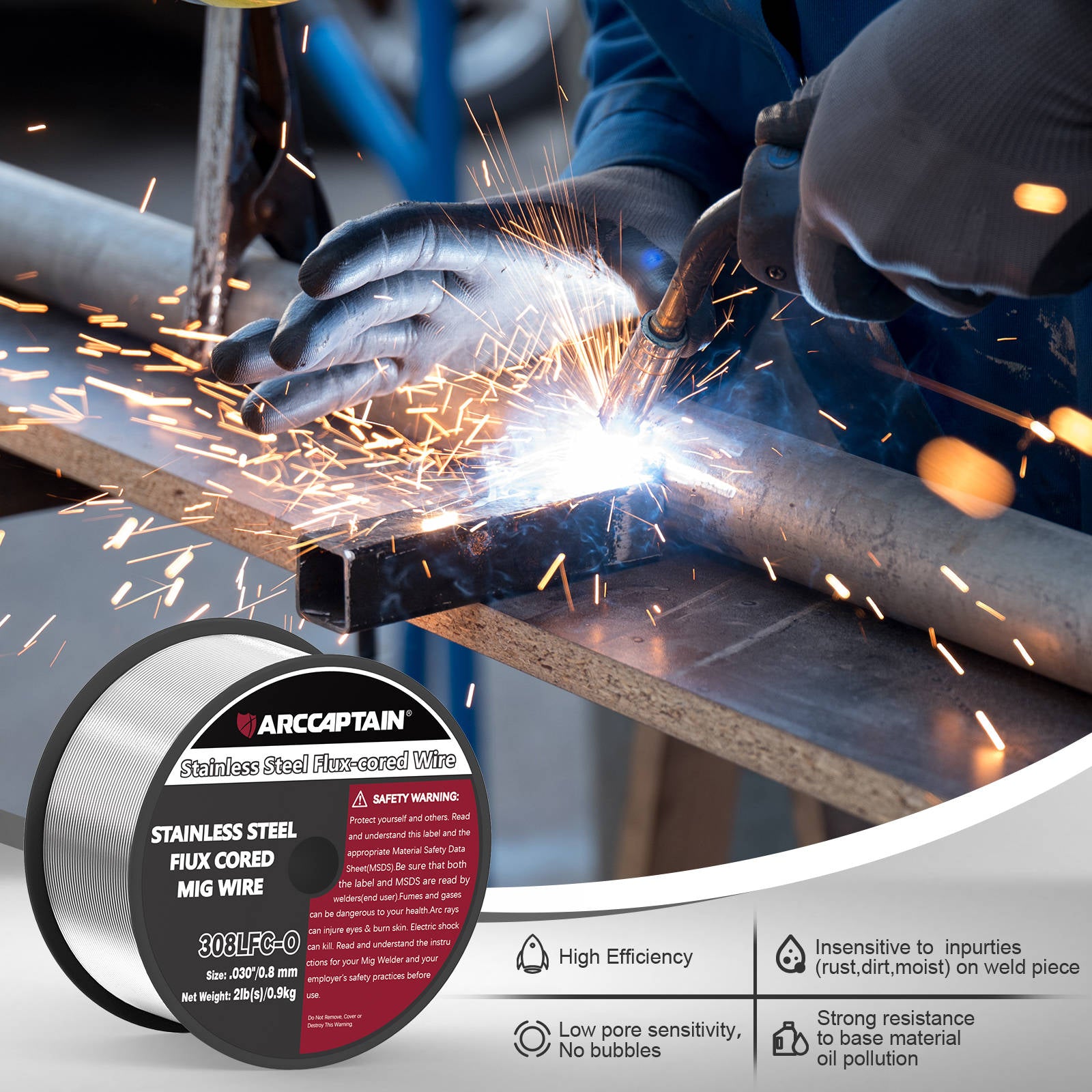 ARCCAPTAIN E308LFC-O Flux Cored Wire 2 Lbs Stainless Steel MIG Welding