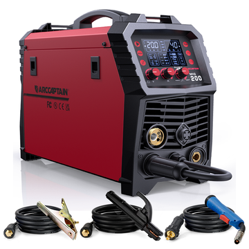 ARCCAPTAIN Máquina soldadora MIG 6 en 1, soldadoras de gas 200A con núcleo fundente MIG/Stick/Lift TIG/soldadura por puntos/función de pistola de carrete 