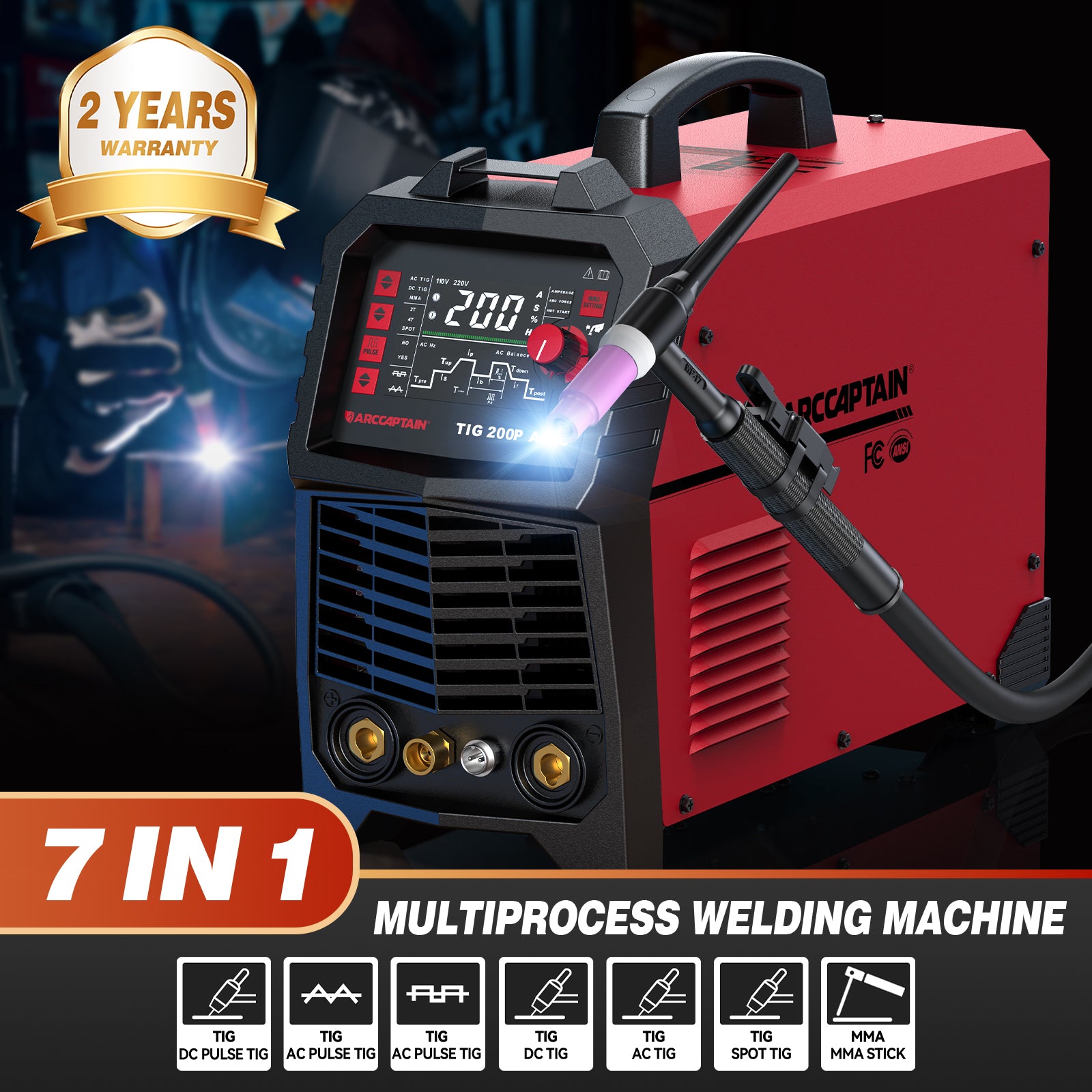 ARCCAPTAIN TIG Welder AC/DC 200Amp with Pulse, Aluminum TIG Welder 110V/220V TIG Welder with Square/Triangular Wave/Stick/MMA/Spot MultiProcess DASH-ARC Welding Machine