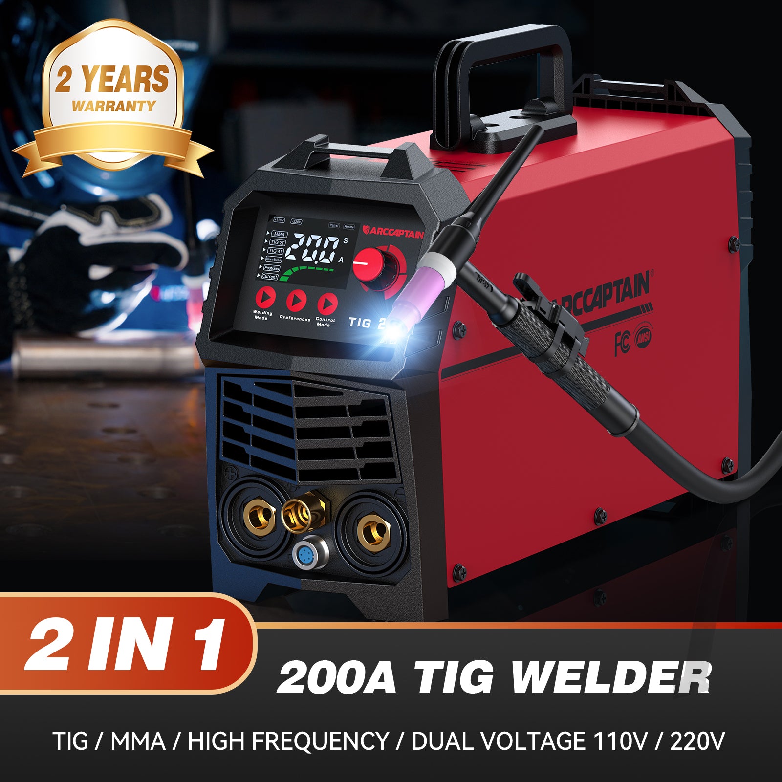 ARCCAPTAIN TIG 200A 110v/220v Dual High Frequency TIG/Stick/Arc 2 in 1 Welding Machine with LED Digital Display