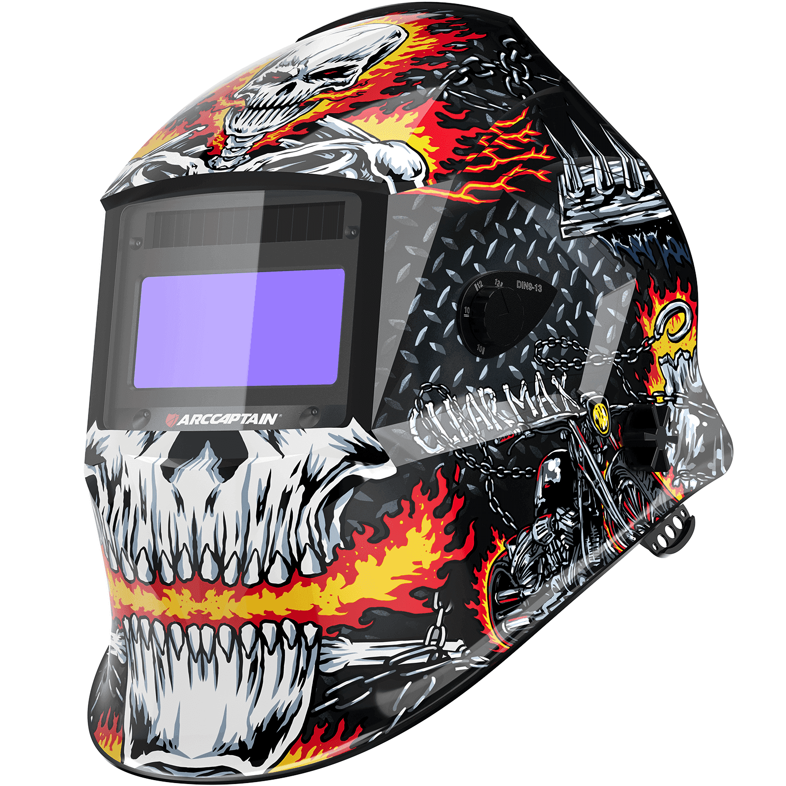 Casco de soldadura con oscurecimiento automático The Flame Bone Knight Pantalla de visualización de 3,86"×1,69"