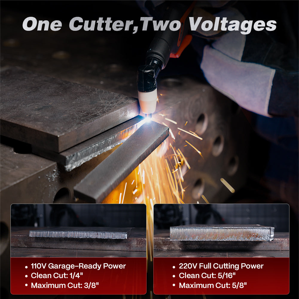 A cut50 plasma cutter in use on metal sheets with bright sparks, under the headline 'One Cutter, Two Voltages.' Two inset panels at the bottom show cut metal samples and feature callouts for 110V garage-ready power and 220V full cutting power.