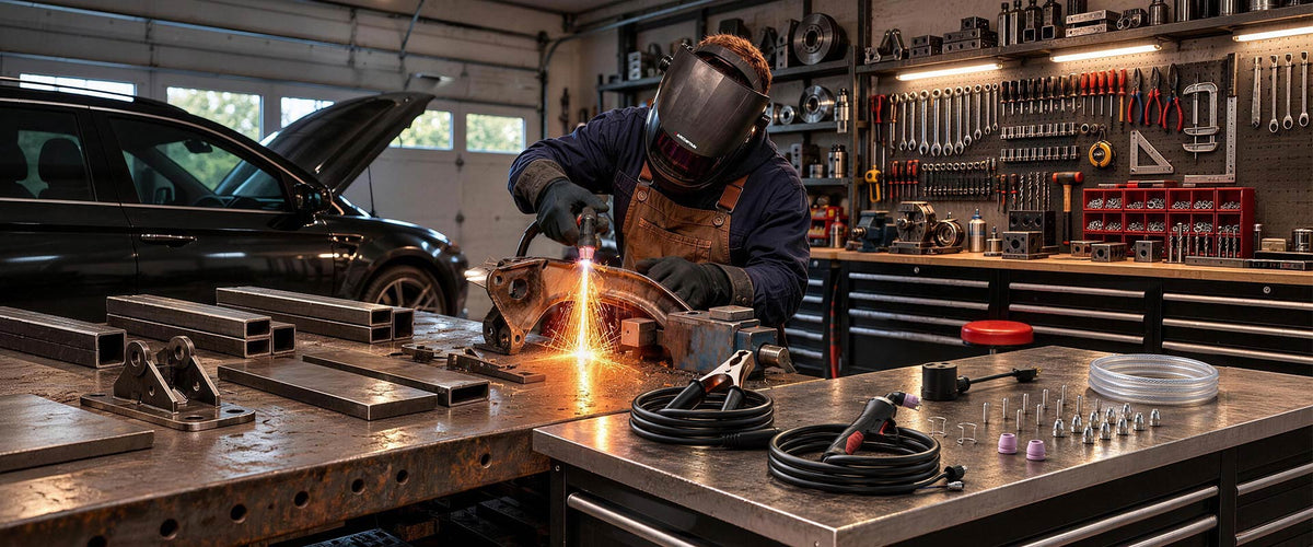 A person wearing a welding helmet and protective clothing sparks while welding metal pieces on a workbench in a well-equipped garage workshop with tools and a car in the background.