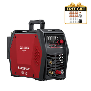 An ArcCaptain Cut 55 MP welding machine in red and black, shown on a white background with a 'FREE GIFT' accessory badge in the top right corner.
