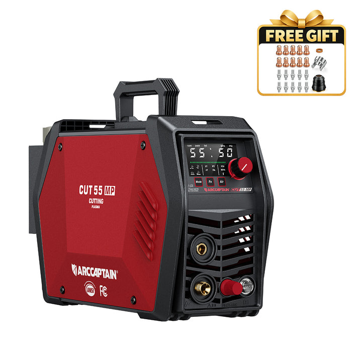 An ArcCaptain Cut 55 MP welding machine in red and black, shown on a white background with a 'FREE GIFT' accessory badge in the top right corner.