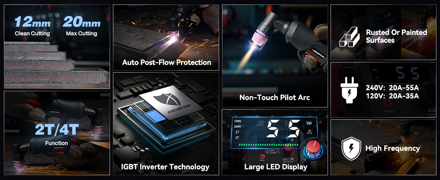 A 3x3 grid infographic showcasing features of a welding torch, including 12mm and 20mm clean cutting, auto post-flow protection, non-touch pilot arc, rusted or painted surfaces, 2T/4T function, IGBT inverter technology, large LED display, 240V/120V power, and high frequency.