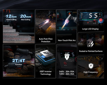 A 2x4 promotional collage showing a handheld laser cutter in use and feature callouts: 12mm and 20mm clean cutting, auto post-flow protection, non-touch pilot arc, large LED display, rusted or painted surfaces, 2T/4T function, IGBT inverter technology, and high frequency, all on a dark background.