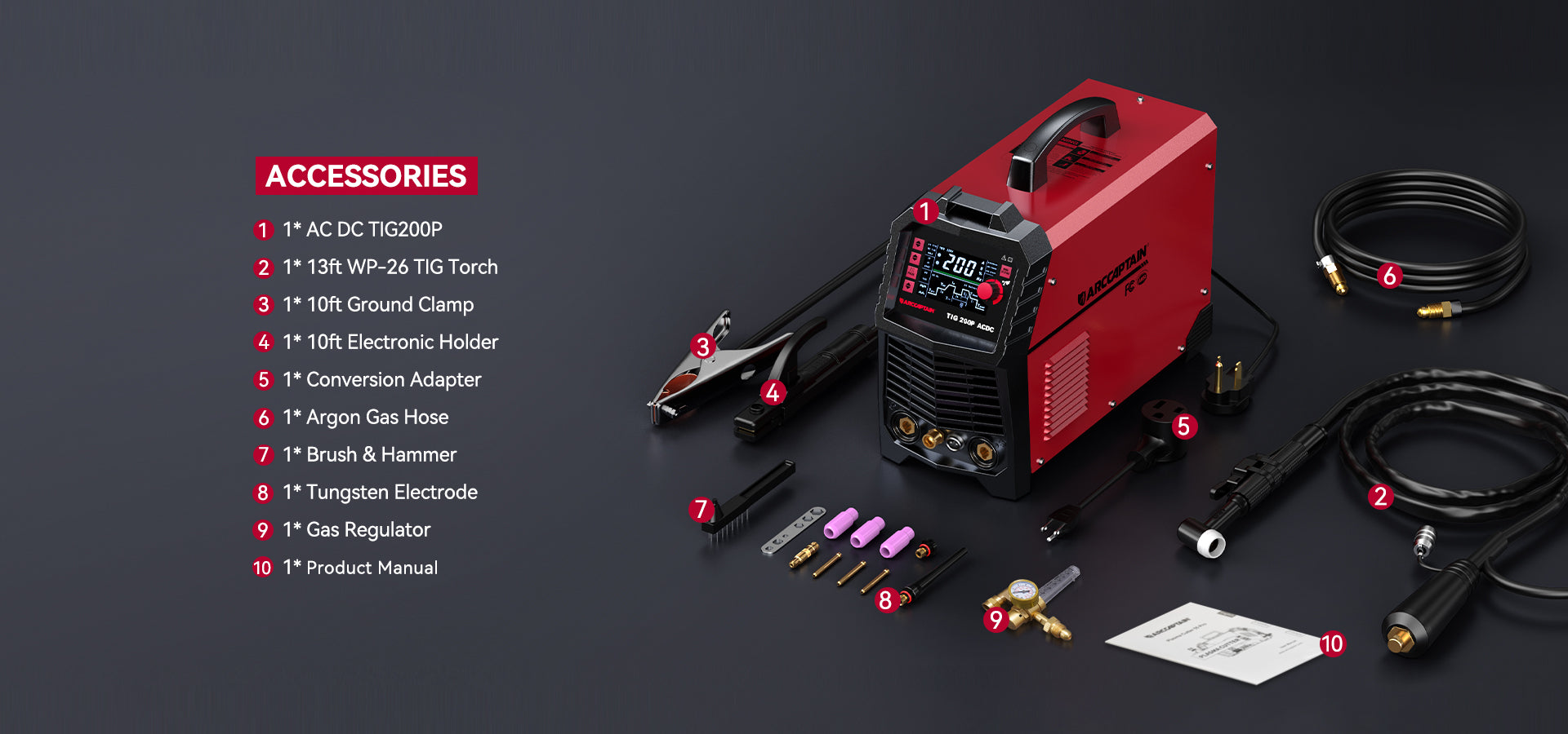 TIG200P welder and included accessories